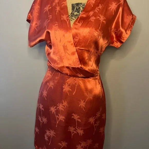 #81 NWT Silky Palm Print Dress Orange Short Sleeve V Neck Dress XS, S, M - Picture 5 of 12